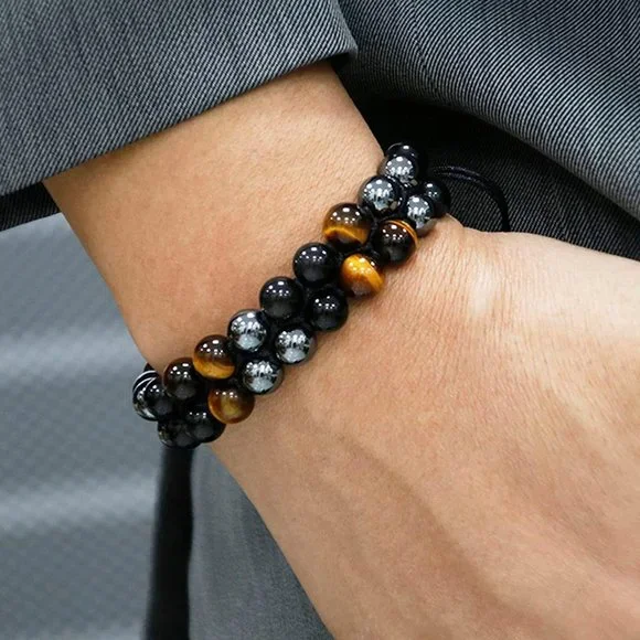 Triple Protection Tiger Eye Hematite Obsidian Beads Healing Women Men Bracelet - Picture 1 of 3